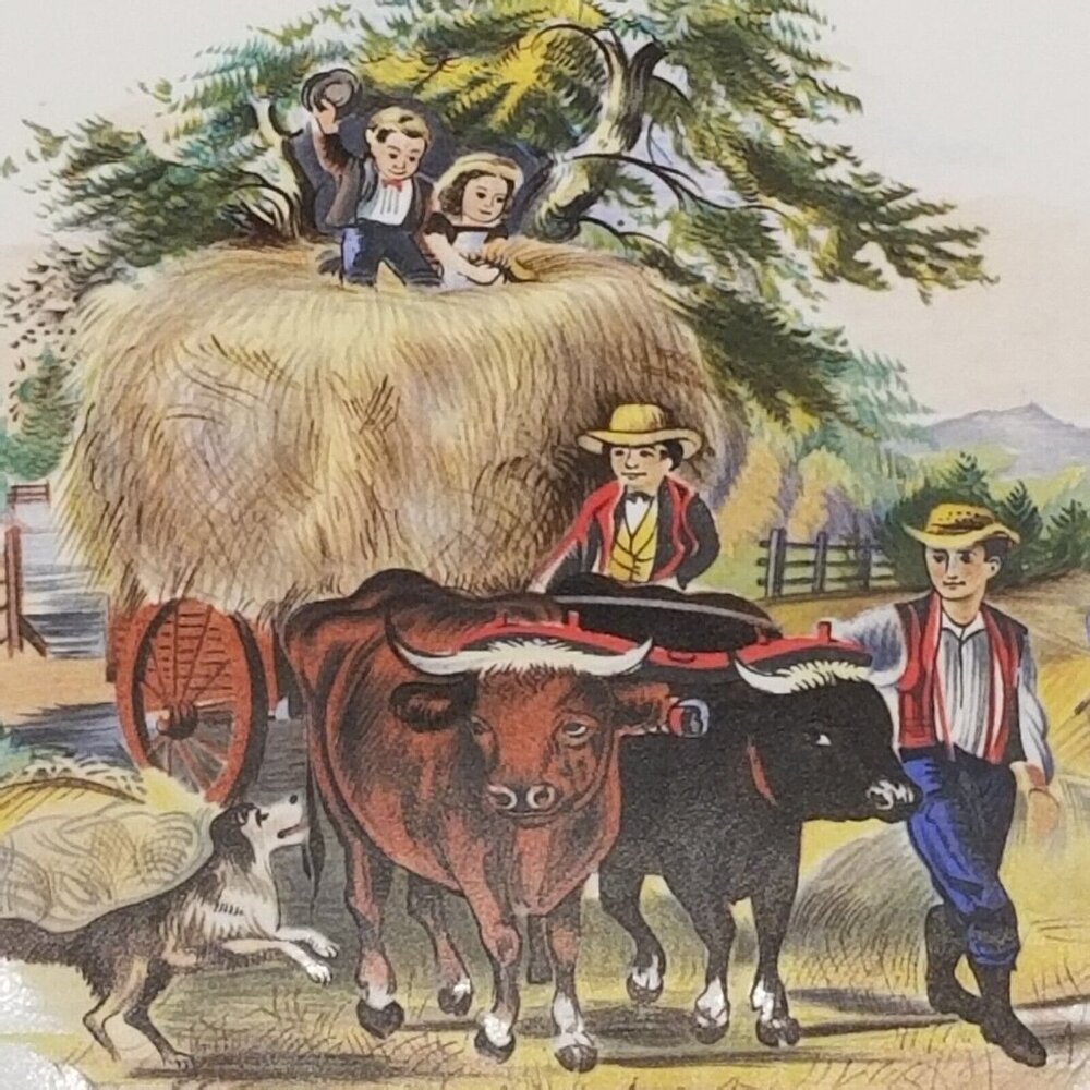 Vintage Ceramic Painted‎ Tile Currier and Ives Haying Children Farmers Oxen